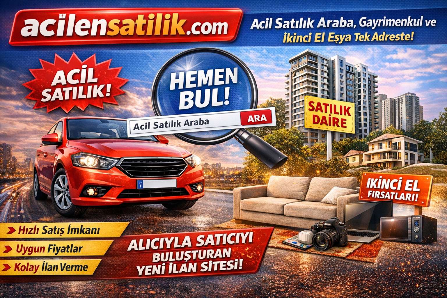 Acil Satılık Araba, Gayrimenkul ve İkinci El Ürünlerde Yeni Adres: Acilensatilik.com