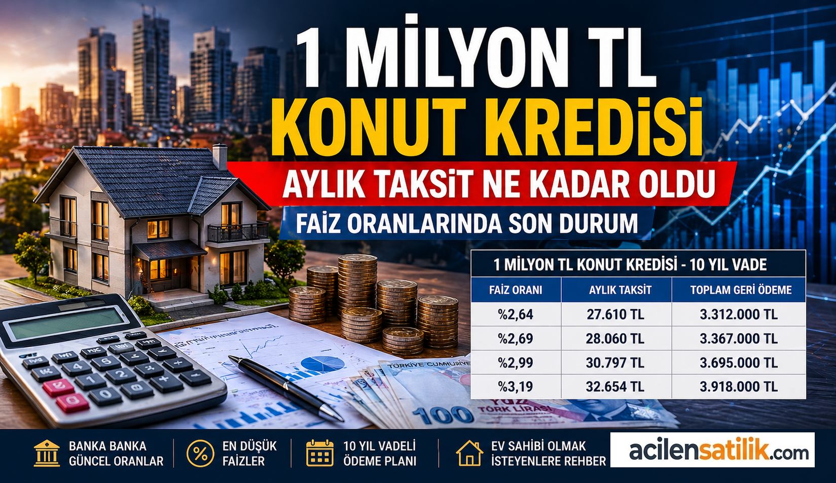 Banka Banka Konut Kredisi Hesabı 1 Milyon TL’nin Geri Ödemesi Ne Kadar?