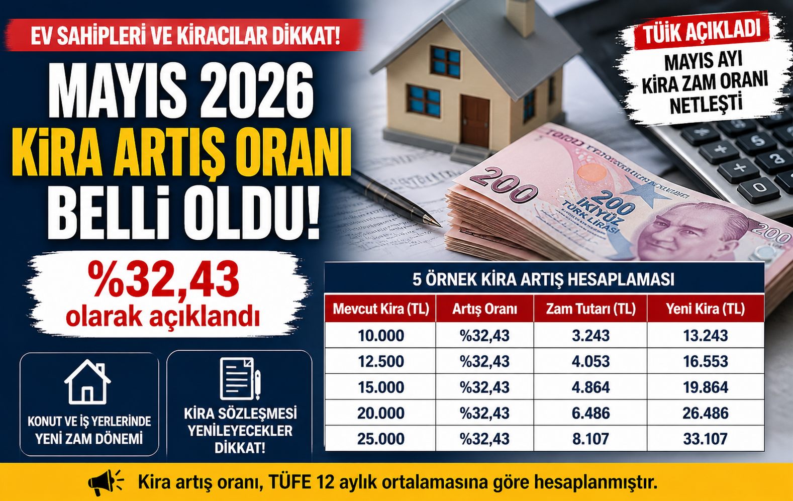 Ev Sahipleri ve Kiracılar İçin Kritik Gelişme 2026 Mayıs ayı Kira Artışı Açıklandı yüzde 32,43 oldu.