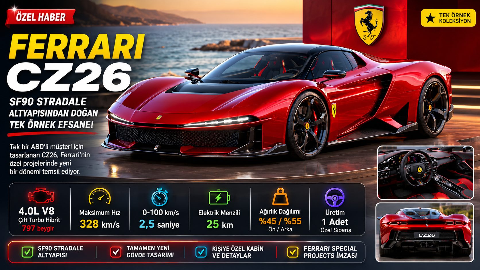 Ferrari CZ26: 328 km/s Hız ve 2,5 Saniyelik Hızlanmayla Özel Sipariş Harikası